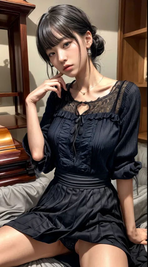 cowboy shot、messy hairstyle with bangs、black hair、Trailing hair、((widow))、black long sleeve mourning dress、(((Japanese style room)))、(((funeral)))、black formal wear、highest quality,(RAW photo:1.2)、(realistic:1.4),(High resolution:1.4), 1 girl, written boun...