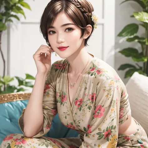 149
(20 year old woman,floral print outfit,pants), (Super realistic), (high resolution), ((beautiful hairstyle 46)), ((short hair:1.46)), (gentle smile), (brest:1.1), (lipstick)
