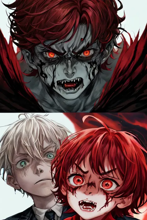 (perfect face）（male）（fear）（Children）（Scarlet pupils）（modern）稚嫩的Children撕开巨茧踏步而出，Dark red short hair and eyebrows，The scarlet pupils bloomed with a frightening fierce light，Strange and handsome