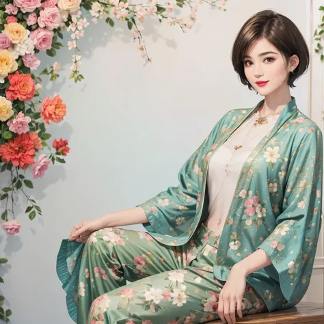 149
(20 year old woman,floral print outfit,pants), (Super realistic), (high resolution), ((beautiful hairstyle 46)), ((short hair:1.46)), (gentle smile), (brest:1.1), (lipstick)
