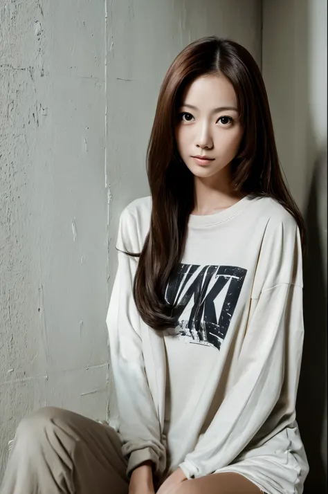 A skinny Japanese lady, long wavy hair, wearing (long T-shirt:1.3), sitting in a dark room. The walls are painted in soft white. Realistic, Photorealistic, High quality, RAW photograph, detailed background, highly detailed, sharp focus, high resolution, 8k...