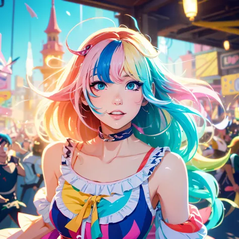 anime girl with colorful hair and a colorful dress, rossdraws pastel vibrant, rossdraws cartoon vibrant, anime style 4 k, beautiful anime portrait, artgerm colorful!!!, ! dream artgerm, beautiful anime girl, anime styled digital art, anime art wallpaper 4k...