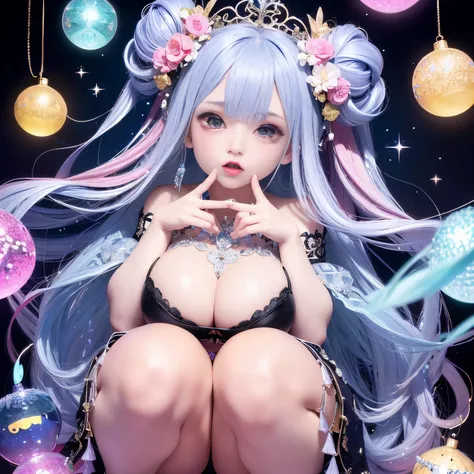 The upper part of the body、one girls、I have dark blue hair color、Two-tone、(Pink Highlight Hair、Bun hair、jewel design tiara、jewel design tiary、ultra gigantic tits、Hide your nipples with jewel design lace、Sparkling jewel lace decoration on the body、Countless...