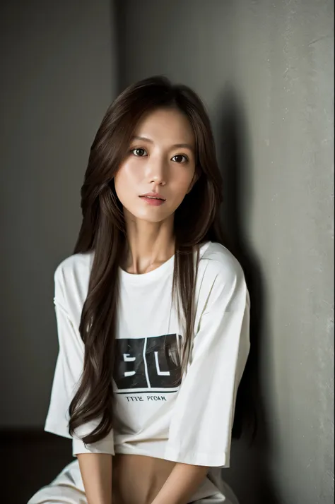 A skinny Japanese lady, long wavy hair, wearing (long T-shirt:1.3), sitting in a dark room. The walls are painted in soft white. Realistic, Photorealistic, High quality, RAW photograph, detailed background, highly detailed, sharp focus, high resolution, 8k...