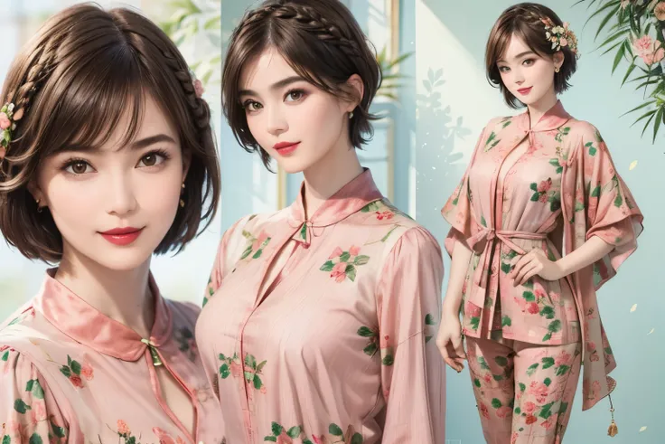 149
(20 year old woman,floral print outfit,pants), (Super realistic), (high resolution), ((beautiful hairstyle 46)), ((short hair:1.46)), (gentle smile), (brest:1.1), (lipstick)
