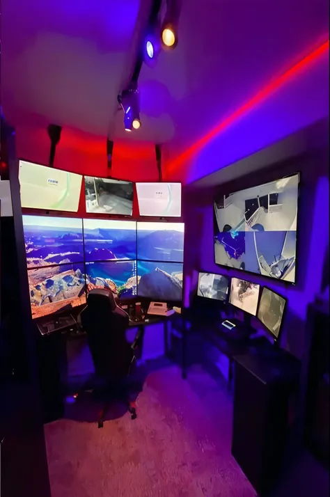 a close up of a room with multiple monitors and a desk, gaming room, gaming room in 2 0 4 0, cyberpunk setting, 8k post production, 8 k post production, scifi setting, in a cyberpunk themed room, 8k post-production, 8 k post - production, scifi room, 8 k w...