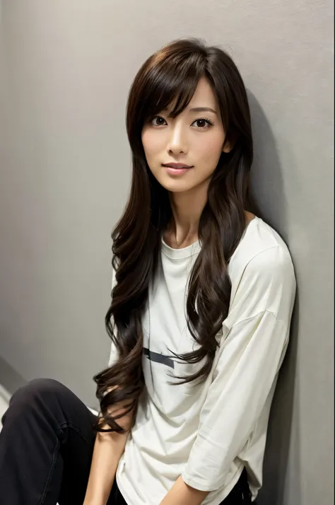 a skinny japanese lady, long wavy hair, wearing (long t-shirt:1.3), sitting in a dark room. the walls are painted in soft white....