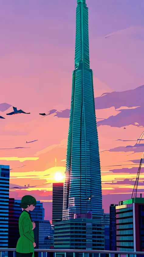 green shirts,salmon pink pants,lady,standing on city of the top,building sky high dawn,latpull down,crane flying