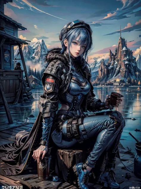 16K quality、cinematic lighting,super dense skin、Beautiful quality with attention to detail,high resolution、perfect anatomy,(cyberpunk、replace、dim color, pleasant tone:1.3)Soldier Girl,(Detailed beautiful facial features hair、blue color medium hair、blue eye...