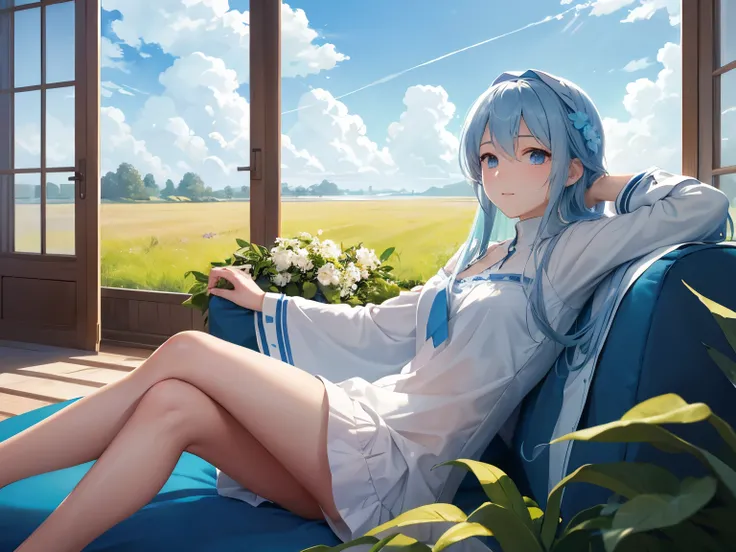 Blue sky with fluffy white clouds painting a serene picture, sunny grassland stretching out in the distance. In contrast to the outdoor scene, an indoor setting, sympathetic to the Ukrainian theme, unfolds. A girl sits comfortably on a plush sofa, dressed ...