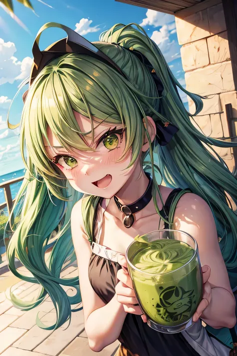 Fille de style anime, poils verts, j&#39;adore le thé matcha, vtuber, Mine réjouie, Visage énervé, visage surprise, Peur face, visage triste, visage riant