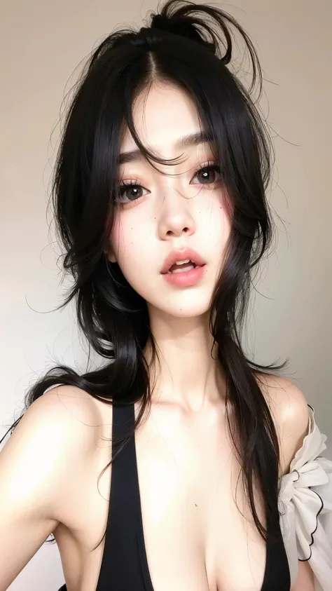 um close up de uma mulher com um peito muito grande, cruel korean goth girl, Ulzzang, beautiful south mulher coreana,  coreana, gorgeous young mulher coreana, beautiful young mulher coreana, adorable and pale korean face, korean symmetrical face, mulher co...