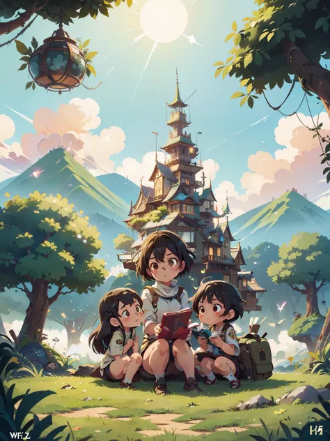 shinkai Mokoto and Ghibli anime style, three girls and a boy are standing in front of a night sky, girls frontline universe, guweiz on pixiv artstation, girls frontline cg, 4 k manga wallpaper, artwork in the style of guweiz, best anime 4k konachan wallpap...