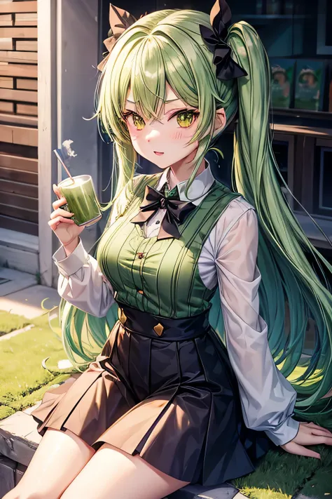 Fille de style anime, poils verts, j&#39;adore le thé matcha, visage de peur vtuber