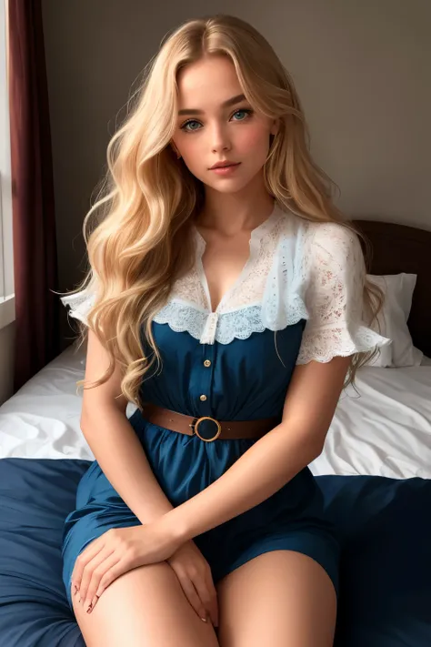 A top-quality image of a stunning European woman, around 25 years old, with long, wavy blonde hair, characterized by fine skin and a narrow waist. She is seated on the edge of a bed in a bedroom environment, wrapped in a sheet, with a soft, glowy complexio...