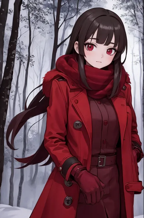 beautiful young lady wearing a red overcoat, scarves, gloves. in a middle of a snowstorm night time forest. dark place, no visible light. yandere face