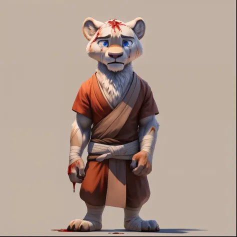 white lion, solo, male focus, blue eyes, monk clothes, bandage on ankle, cut bangs, small feet, (sad), crying, full body, standing, blood on chest, blood on face, (soft shading), 4k, detailed face, detailed eyes, detailed, concept art style, blank backgrou...