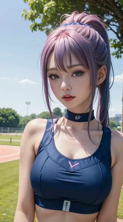 sfw, Ultra high quality，8K，Dont miss your fingers，1女孩，Sports Girl，Blue-pink hair，Sports close-up，，Lawn playground，Dopamine girls, wearing bra,((skinny waist)), young asian girl, ((big )),