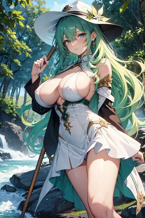 4K,High resolution,one woman,green hair,long hair,blue eyes,big breasts,Inverted nipples,wizard,side boob,white dress,brown shoes,white gloves,white hat,wooden cane,Jewelry Decoration,wilderness