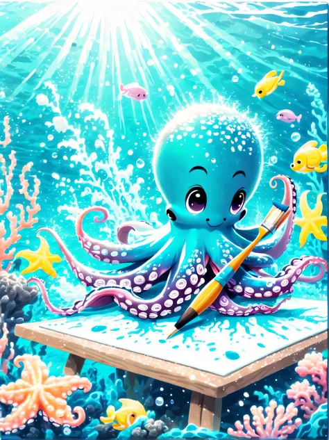 illustration style and whimsical atmosphere，underwater world，((1 cute octopus draws on the drawing board with a paintbrush:1.5))...