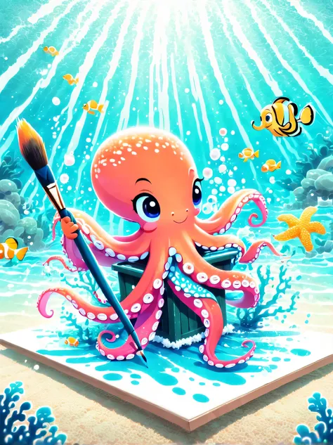 illustration style and whimsical atmosphere，underwater world，((1 cute octopus draws on the drawing board with a paintbrush:1.5))...