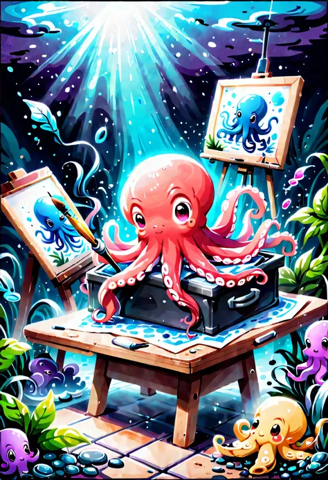 illustration style and whimsical atmosphere，underwater world，((1 cute octopus draws on the drawing board with a paintbrush:1.5))...