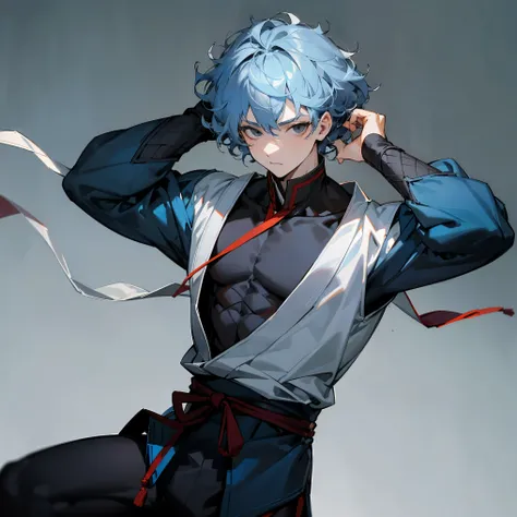 1male , Black Eyes , Pale Blue Hair , Curly Hair , Martial Arts Clothing , Unique Clothing , Grey Sky Background , Muscular