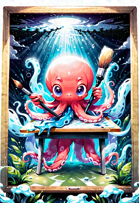 illustration style and whimsical atmosphere，underwater world，((1 cute octopus draws on the drawing board with a paintbrush:1.5))...