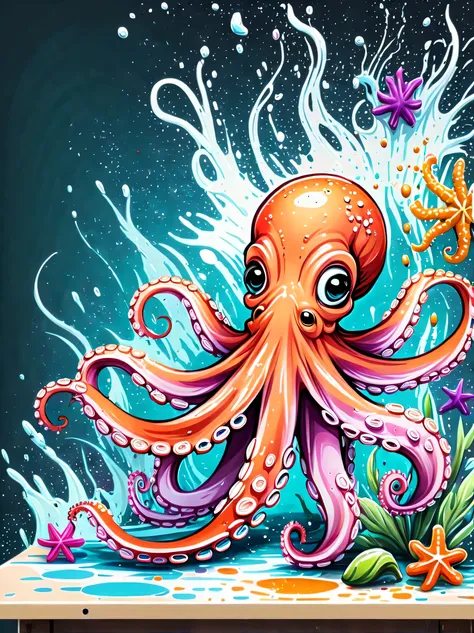 illustration style and whimsical atmosphere，underwater world，((cute octopus drawing on drawing board:1.5))。((strong splatter eff...