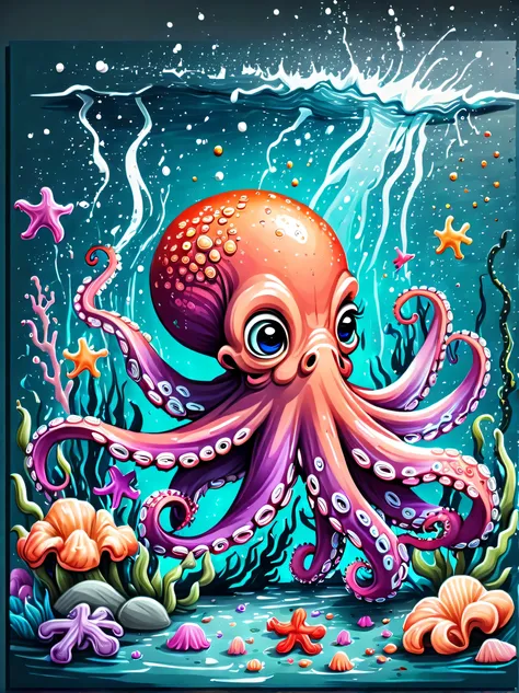 illustration style and whimsical atmosphere，underwater world，((cute octopus drawing on drawing board:1.5))。((strong splatter eff...