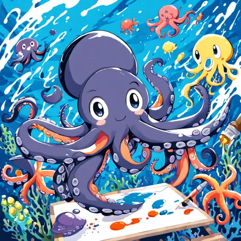Illustration style and whimsical atmosphere,Underwater world,((Cute octopus drawing on drawing board:1.5))。((Strong splatter effect of oil paint and colored ink:1.6)),(More splatter effects on the canvas and the octopus itself)。The octopus should look happ...