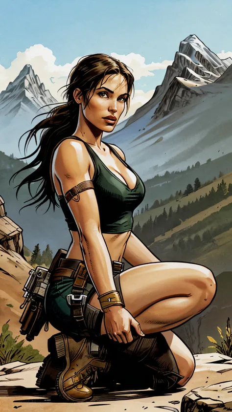 Lara croft, pinup, on knees, mountains in background