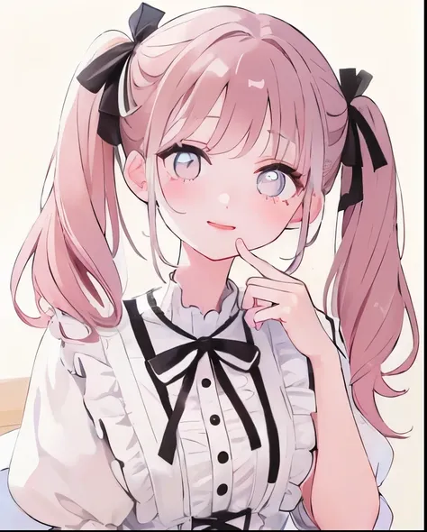 highest quality、An illustration、1 girl、beautiful face、cute、white background、brown hair、curly hair、half twin tail、white thin ribbon、white blouse、gingham checked skirt、white skin、princess cut、pink cheeks、smile、Pink lips、tear bag