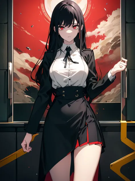 (highly saturated、colorful illustration:1.0)、(long perm hair、Black hair、bright skin:1.0)、(Beautiful slender legs:1.2)、1 girl, 24 Year old, game CG, Girl in  uniform, black skirt、put your hand on your waist、Morning standing on the train、(huge breasts:0.9)，r...