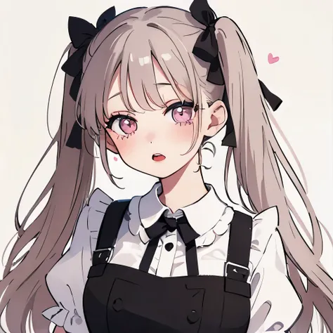 highest quality、An illustration、1 girl、beautiful face、cute、white background、wave hairbrown hair、half twin tail、Ribbon tie,white ribbon on head、white blouse、gingham checked skirt、white skin、princess cut、pink cheeks、Pink lips、tear bag