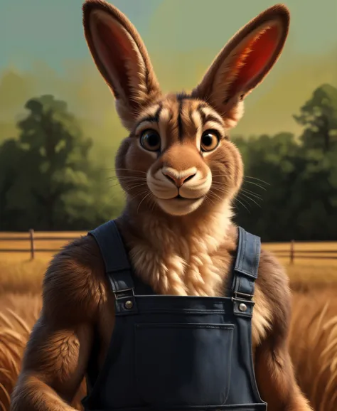 farm setting, rabbit, lagomorph, muscular, overalls, smile512, looking at viewer, by kenket, (sharp focus, masterpiece, 8k, intr...