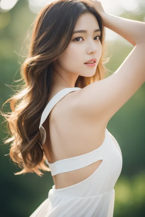 (Realistic lighting, best quality, 8K, masterpiece: 1.3), sharp focus: 1.2,
A young, elegant woman with a slender body poses for the camera. Her long, wavy brown hair cascades down her back, framing her beautifully defined features. Her fair, sparkling ski...