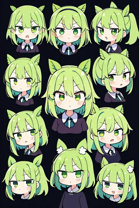 Fille de style anime, poils verts, j&#39;adore le thé matcha, vtuber, avec de nombreuses expressions de visages