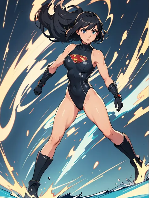 "1 girl, wearing a sleek leotard, with bare legs and boots, donning gloves, gracefully fast in place like a tornado, standing like a superhero."