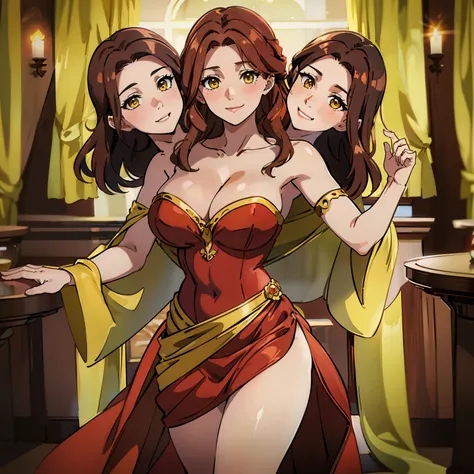 best quality, (masterpiece),(ultra-detailed), (high quality), (high resolution), (3heads:1.5), reddish brown hair color, (larger breasts), ( yellow eyes ), cleavage,best quality:1.5, highres, UHD, 4K), smiling, ((wearing red causal dress)), (mature woman),...