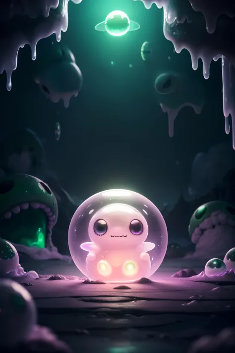 Cute round green alien alone in a laboratory at night, laboratory view, (at mid night, dynamic landscape angle, landscape focus:1.2) (small white translucent bioluminescent, cute alien that is alone, alien has teeth, cute ferous expression, sagging slime, ...