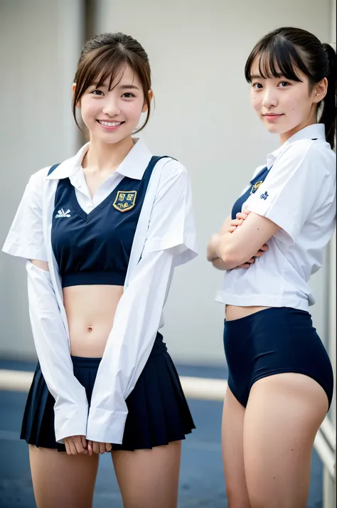 2 girls standing in school yard,white plain school gym shirt with navy blue trim,navy blue speedo briefs,18-year-old,bangs,a little smile,thighs,knees,short cut hair,low ponytail,from below,front-lighting