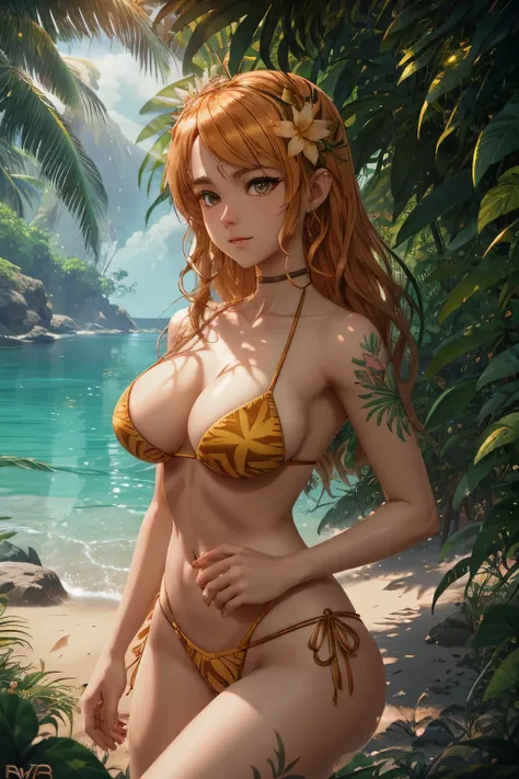 Beautiful Alluring summer taned young island woman, Barely Clothed, patterned mikro bikini, taned skin, athletic body, orange blonde hair, hair ornaments, flowers, at a tropical beach, Beautiful D&D Character Portrait, tropical Fantasy,  tropical theme, De...