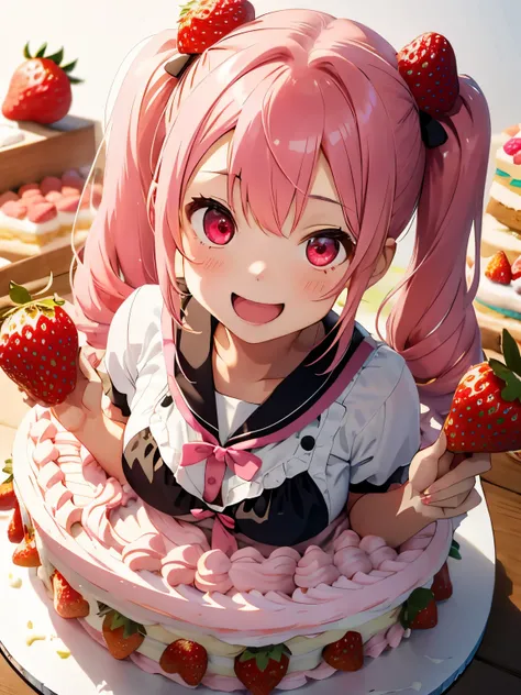 Soft and gentle pattern,anime illustration,Her hair is pink and has twin tails.,((Big strawberry hair clip in a knot)),Her twintail hair is permed and fluffy.,girl with pink eyes,her face is cute、Confident smile,Appearance of about 12 years old,(small brea...