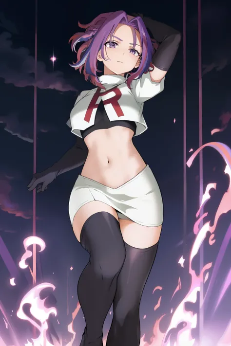 scan, (extremely detailed CG unity 8k wallpaper:1.1), masterpiece, (1girl), lady nagant, boku no hero academia, (purple hair), (multicolored hair), (purple eyes), breasts, team rocket,team rocket uniform, red letter R, white skirt,white crop top,black thig...