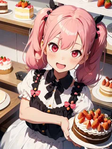 Soft and gentle pattern,anime illustration,Her hair is pink and has twin tails.,((Big strawberry hair clip in a knot)),Her twintail hair is permed and fluffy.,girl with pink eyes,her face is cute、Confident smile,Appearance of about 12 years old,(small brea...