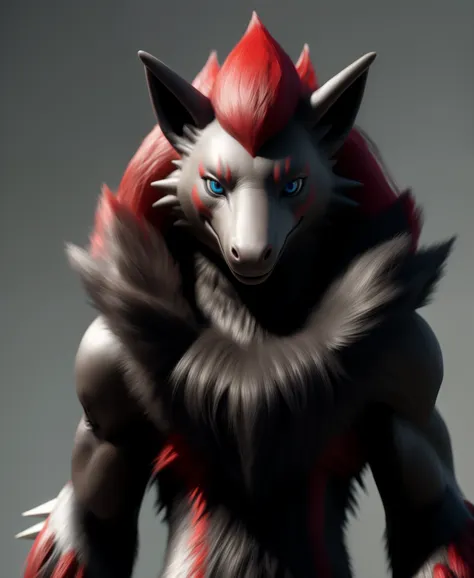 (realistic, photorealistic:1.37), masterpiece, zoroark (pokemon), looking at viewer, sharp blue eyes, full body portrait