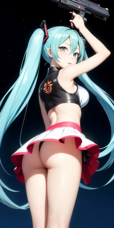 Hatsune Miku、Anime girl with long hair and a gun in her hand,Shimashima Pantiesがよく見える、Hatsune Miku、（Squatting down and opening her legs and showing her panties 1:4）、、spread legs、show panties,super mini skirt、緑と白のShimashima Panties、From miniskirt to c Kanta...