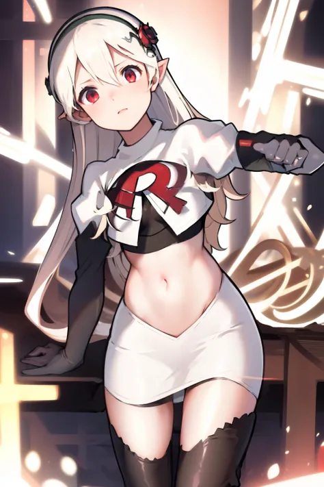 masterpiece, best quality, respCorrin, hair ornament, rose, team rocket,team rocket uniform, red letter R, white skirt,white crop top,black thigh-highs,black elbow gloves