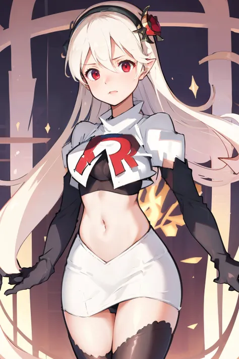 masterpiece, best quality, respCorrin, hair ornament, rose, team rocket,team rocket uniform, red letter R, white skirt,white crop top,black thigh-highs,black elbow gloves